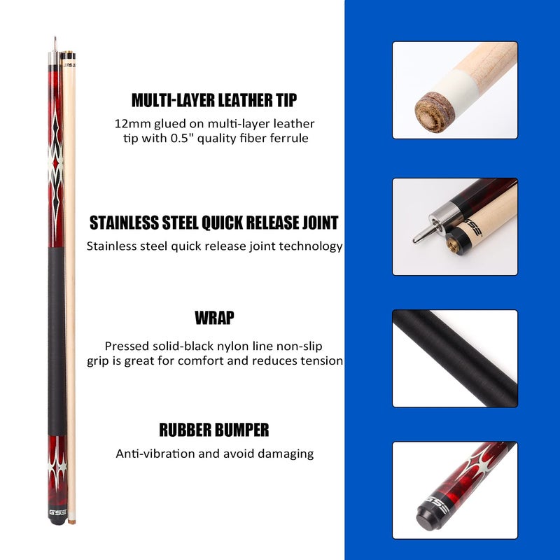 GSE Games & Sports Expert 58" 2-Piece Canadian Maple Hardwood Billiard Pool Cue Sticks for Men/Women, Great for House or Commercial/Bar Use (Red, 20 Oz) - Image 2